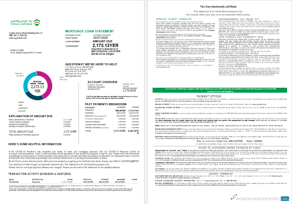 Download Yemeni Gulf bank mortgage loan statement in Word and PDF formats , 4 pages 1 2 Photoshop template